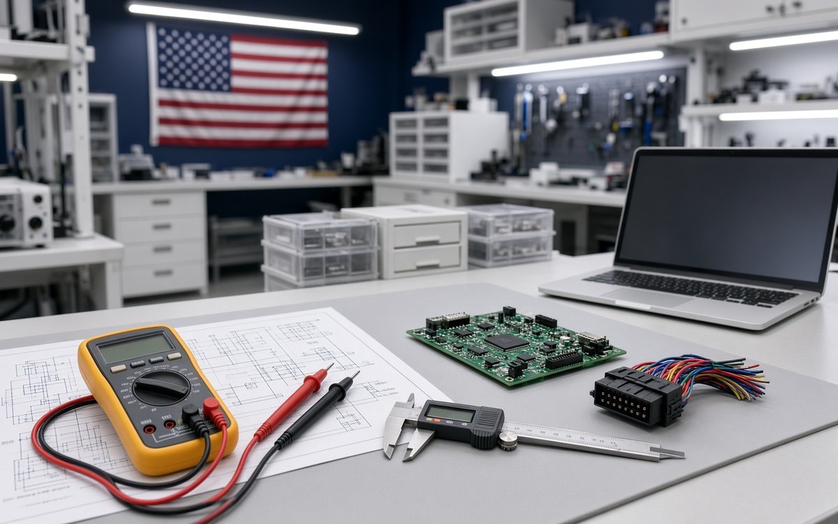 Engineering workbench with a multimeter, circuit board, calipers and wiring diagrams