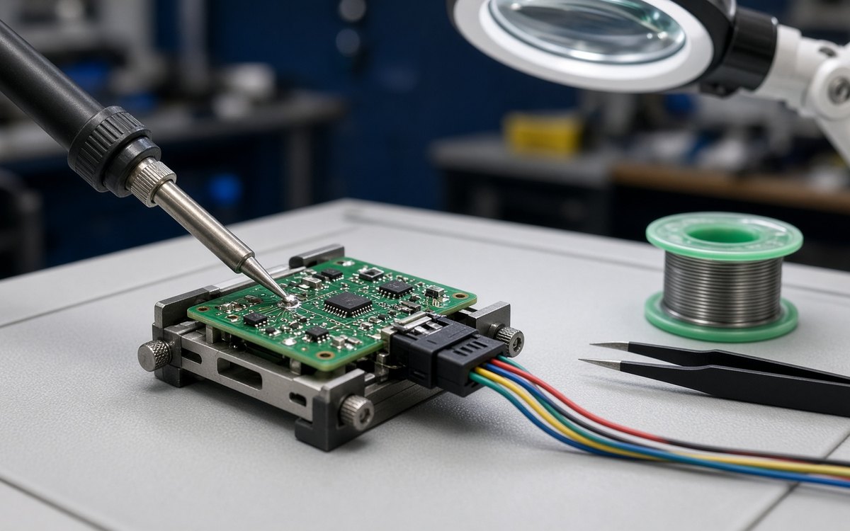Soldering iron on a circuit board held in a vise, with a spool of solder and tweezers