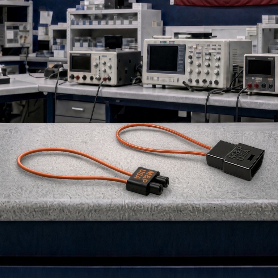 M&P USA MOST and D2B fiber optic bypass loops on a workbench