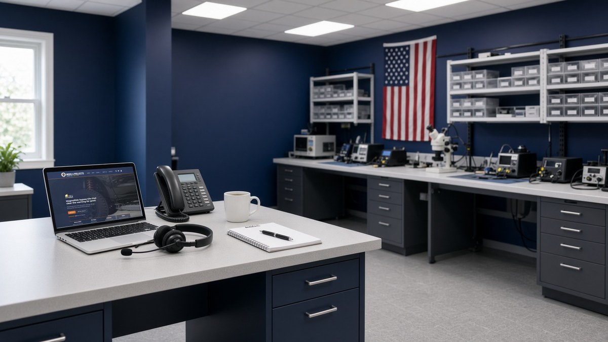 M&P USA support desk with a laptop showing the M&P USA homepage, a desk phone and a headset