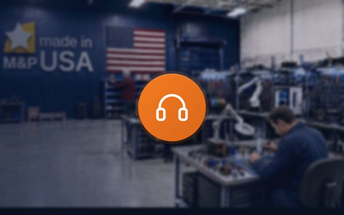 Real support from M&P USA: a headset icon over a blurred view of the M&P USA shop