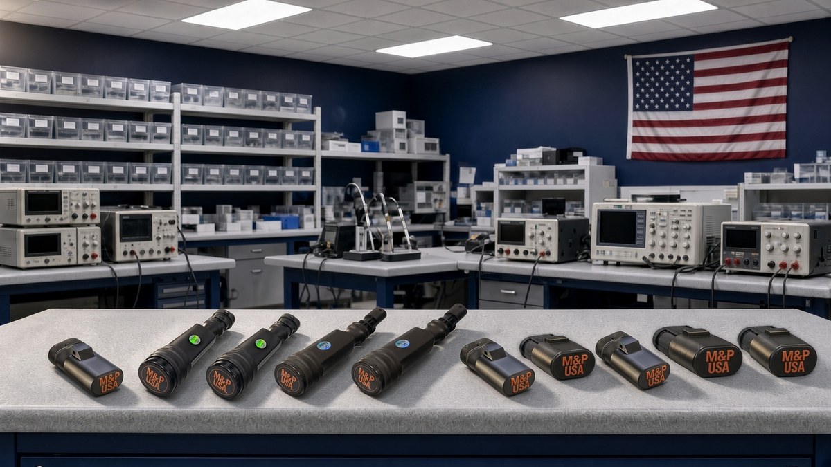 M&P USA shock and ride height simulators lined up on an electronics workbench