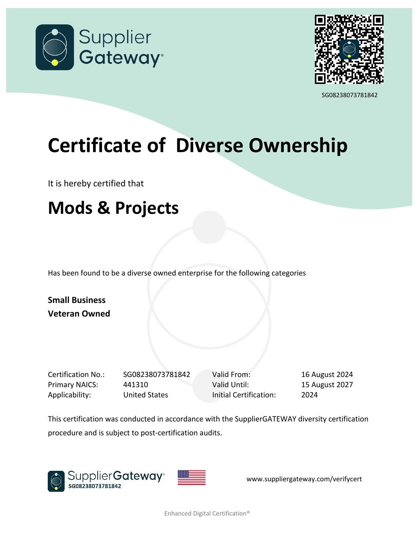SupplierGATEWAY Certificate of Diverse Ownership for Mods & Projects, Veteran Owned and Small Business, valid through 15 August 2027