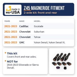 Z45 2-axle MagneRide delete kit fitment chart for 2021-2023 Cadillac Escalade, Chevrolet Tahoe and Suburban, and GMC Yukon Denali