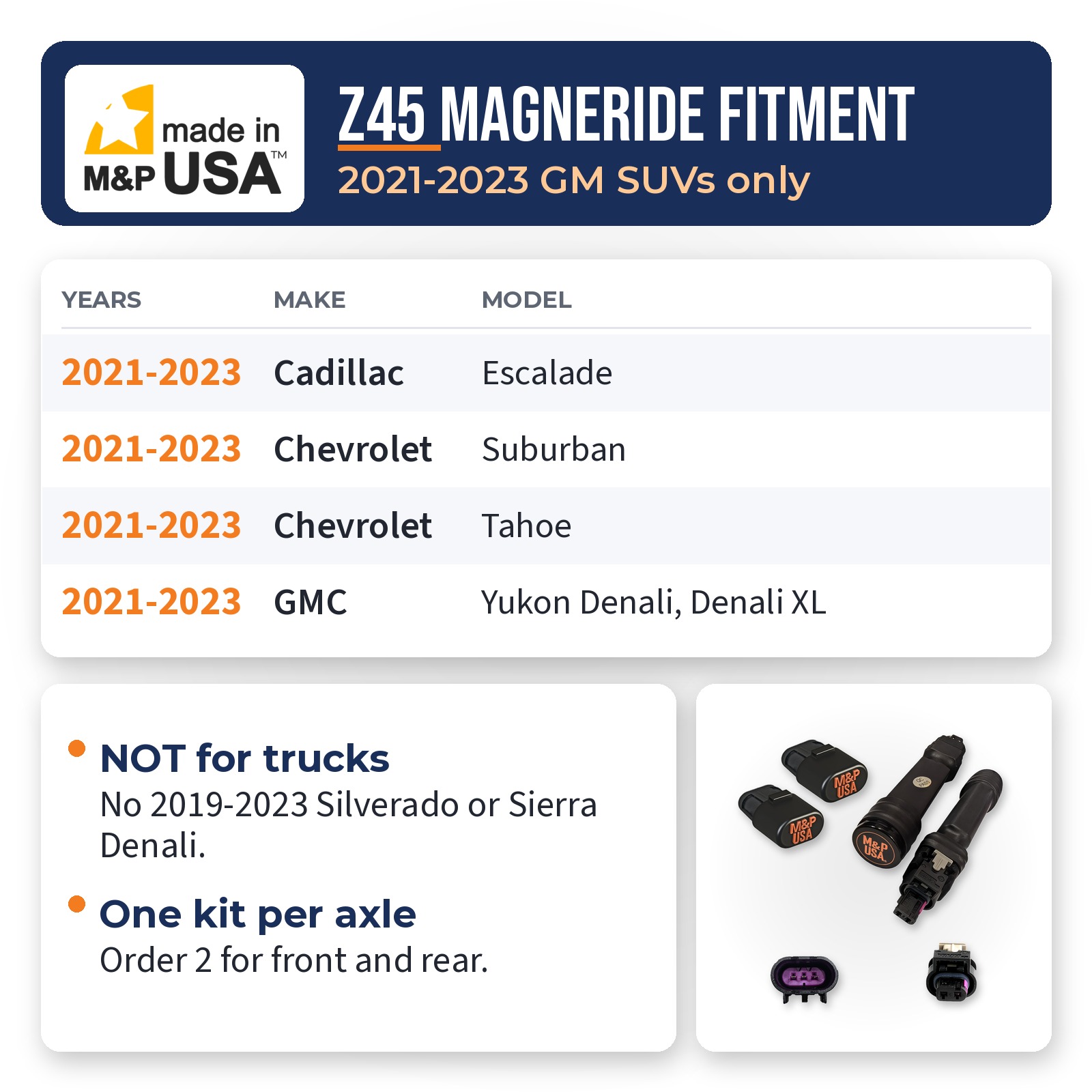 Z45 MagneRide delete fitment chart for 2021-2023 Escalade, Tahoe, Suburban, and Yukon Denali