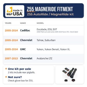 Z55 MagneRide bypass kit fitment chart for 2005-2014 Escalade, Tahoe, Suburban, Yukon, and 2007-2013 Chevrolet Avalanche LTZ