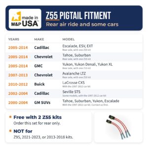 Z55 pigtail adapter set fitment chart for 2005-2014 Escalade, Tahoe, Suburban, Yukon, Avalanche LTZ, and some 1997-2012 GM cars