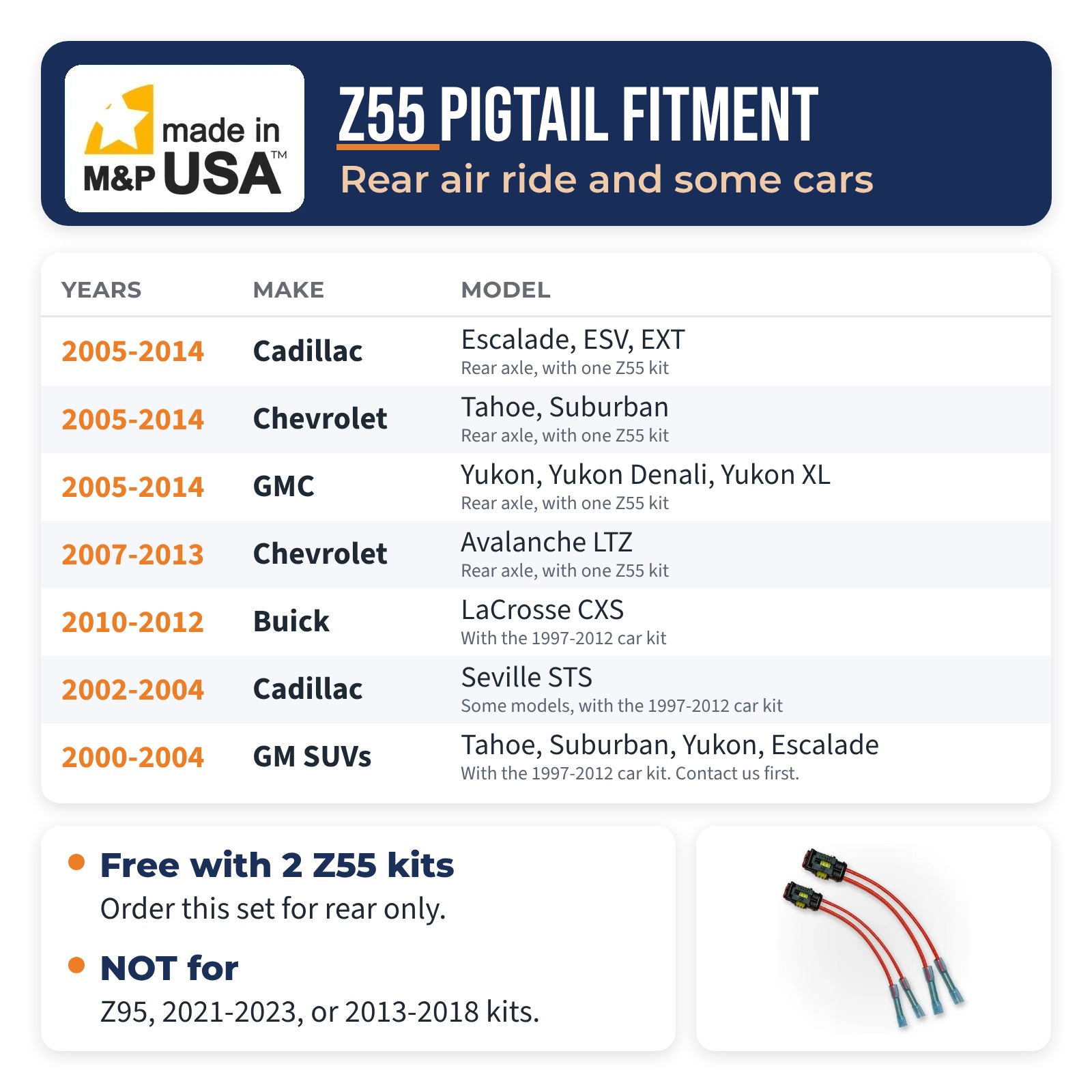 Z55 pigtail adapter set fitment chart for 2005-2014 Escalade, Tahoe, Suburban, Yukon, Avalanche LTZ, and some 1997-2012 GM cars
