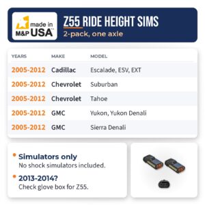Z55 ride height sensor simulator fitment chart for 2005-2012 Cadillac Escalade, Chevrolet Tahoe and Suburban, and GMC Yukon and Sierra Denali