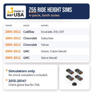 Z55 ride height sensor simulator 4-pack fitment chart for 2005-2012 Cadillac Escalade, Chevrolet Tahoe and Suburban, and GMC Yukon and Sierra Denali